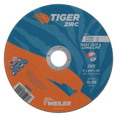 Tiger Zirc Thin Cutting Wheels, 6 in Dia, .045 Thick, 7/8 in Arbor, Grit 60