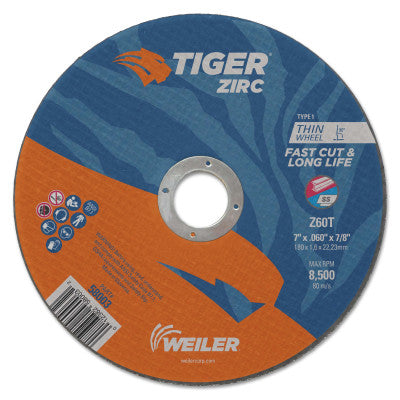 Tiger Zirc Thin Cutting Wheels, 7 in Dia., 0.06 in Thick, 7/8 in Arbor, 60 Grit