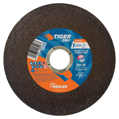 Tiger Zirconia Ultracut Thin Cutting Wheel, 5", 7/8" Arbor, 60, 12200 rpm, 50/PK