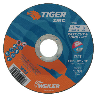 Tiger Zirc Thin Cutting Wheel, 4 1/2" Dia, .045 Thick, 5/8"-11 Arbor, Grit 24
