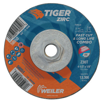 Tiger Zirc Combo Wheels, 4 1/2 in Dia, 1/8 in Thick, 5/8 in-11 Arbor