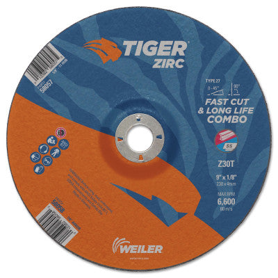 Tiger Zirc Combo Wheels, 9" Dia., 1/8" Thick, 7/8" Arbor, 30 Grit, Zirconium