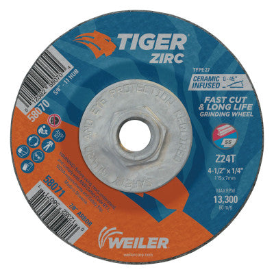 Tiger Zirc Grinding Wheels, 4 1/2 in Dia, 1/4 in Thick, 5/8 in-11 Arbor