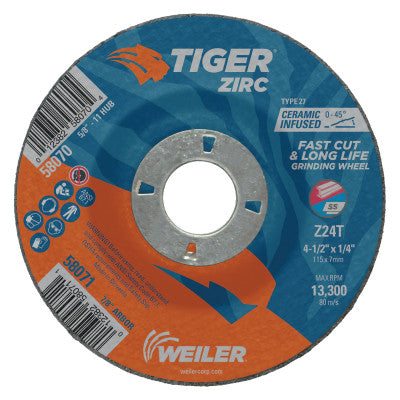 Tiger Zirc Grinding Wheels, 4 1/2 in Dia, 1/4 in Thick, 7/8 in Arbor