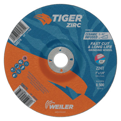 Tiger Zirc Grinding Wheels, 7 in Dia, 1/4 in Thick, 7/8 in Arbor