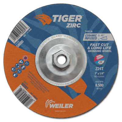 Tiger Zirc Grinding Wheels, 7 in Dia., 1/4 in Thick, 24 Grit, Zirconium