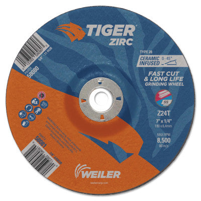 Tiger Zirc Grinding Wheels, 7 in Dia., 1/4 in Thick, 7/8 in Arbor, 24 Grit