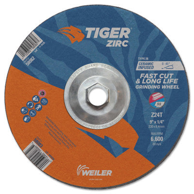 Tiger Zirc Grinding Wheels, Type 28, 9 in Dia., 1/4 in Thick, 24 Grit, Zirconium