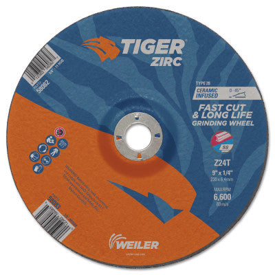 Tiger Zirc Grinding Wheels, Type 28, 9" Dia., 1/4" Thick, 7/8" Arbor, 24 Grit