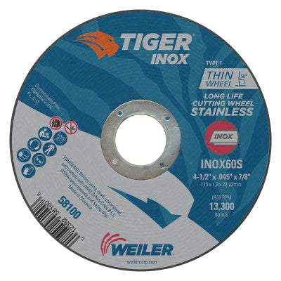 Tiger Inox Thin Cutting Wheels, 4 1/2 in Dia, .045 in Thick, 7/8 in Arbor
