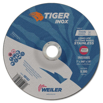 Tiger Inox Thin Cutting Wheels, Type 27, 7 in Dia., 0.045 in Thick, 7/8 in Arbor