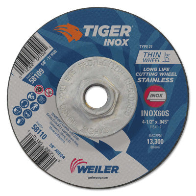 Tiger Inox Thin Cutting Wheels, 4.5" Dia., 0.045" Thick, 60 Grit, Aluminum Oxide