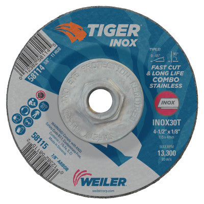 Tiger Inox Combo Wheels, 4.5 in Dia, 1/4 in Thick, 7/8 in Arbor