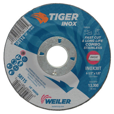 Tiger Inox Combo Wheels, 4.5 in Dia, 1/8 in Thick, 5/8 in-11 Arbor
