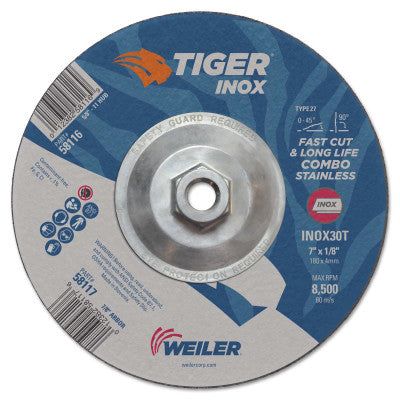 Tiger Inox Combo Wheels, 7 in Dia., 1/8 in Thick, 30 Grit, Aluminum Oxide