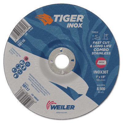 Tiger Inox Combo Wheels, 7 in Dia., 1/8 in Thick, 7/8 in Arbor, 30 Grit