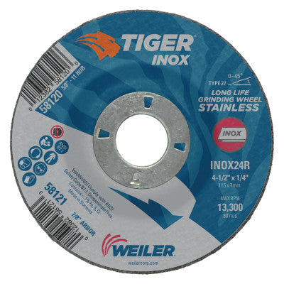 Tiger Inox Grinding Wheels, 4 1/2 in Dia, 1/4 in Thick, 7/8 in Arbor