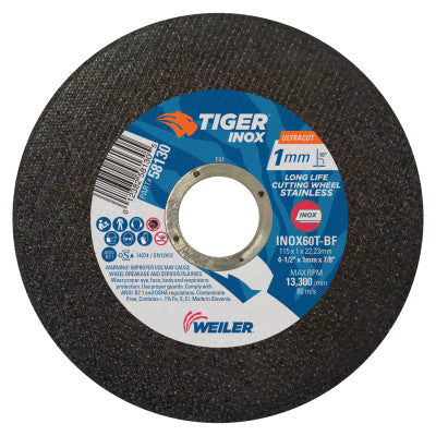 Tiger INOX Ultracut Thin Cutting Wheel, 4 1/2", 7/8" Arbor, 60, 13300 rpm, 50/PK