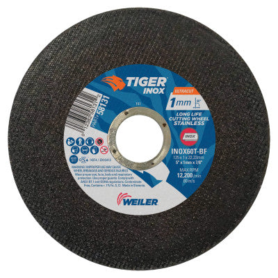 Tiger INOX Ultracut Thin Cutting Wheel, 5", 7/8" Arbor, 60, 12200 rpm, 50/PK