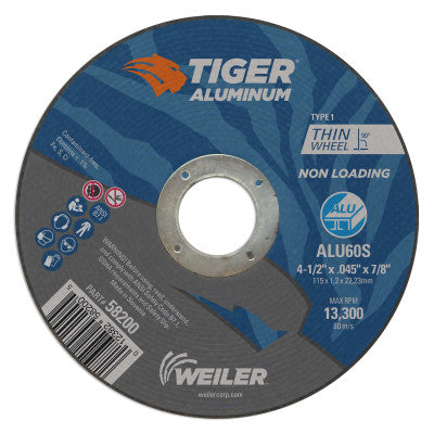 Aluminum Cutting Wheels, 4.5 in Dia, 7/8 in Arbor, Type 1, 60 Grit, Alum. Oxide