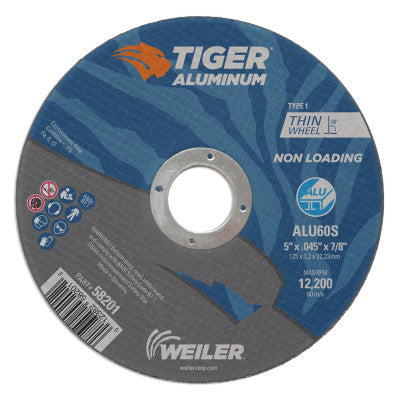 Aluminum Cutting Wheels, 5 in Dia., 7/8 in Arbor, Type 1, 60 Grit, Alum. Oxide
