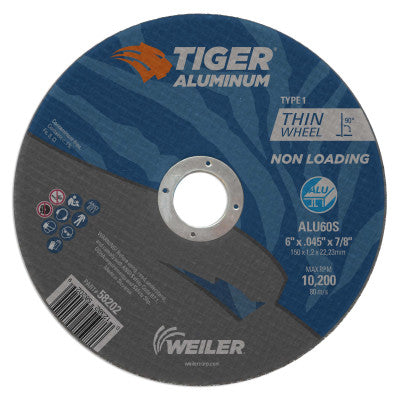 Aluminum Cutting Wheels, 6 in Dia., 7/8 in Arbor, Type 1, 60 Grit, Alum. Oxide