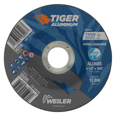Aluminum Cutting Wheels, 4.5 in Dia, 7/8 in Arbor, Type 27, 60 Grit, Alum. Oxide