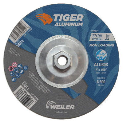 Aluminum Cutting Wheels, 7 in Dia., 5/8 in Arbor, Type 27, 60 Grit, Alum. Oxide
