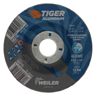 Aluminum Combo Wheels, 4 1/2 in Dia, 7/8 in Arbor, Type 27, 30 Grit, Alum. Oxide