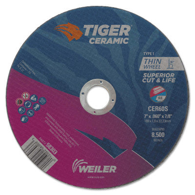 Tiger Ceramic Cutting Wheels, Type 1, 7 in Dia., 0.06 in Thick, 7/8 in Arbor