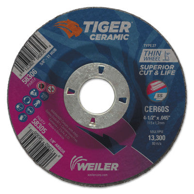 Tiger Ceramic Cutting Wheels, 4.5in Dia, 0.045in Thick, 7/8 in Arbor, 24/bx