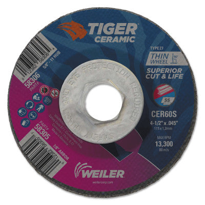 Tiger Ceramic Cutting Wheels, 4.5" Dia., 0.045" Thick, 60 Grit, Ceramic Alumina
