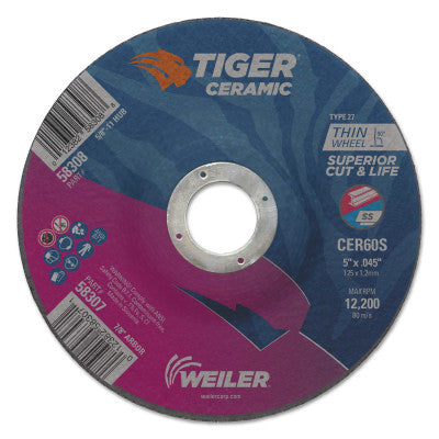 Tiger Ceramic Cutting Wheels, Type 27, 5 in Dia., 0.045 in Thick, 7/8 in Arbor