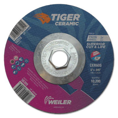 Tiger Ceramic Cutting Wheels, 6" Dia., 0.045" Thick, 60 Grit, Ceramic Alumina
