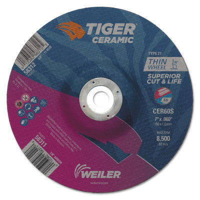 Tiger Ceramic Cutting Wheels, Type 27, 7 in Dia., 0.06 in Thick, 7/8 in Arbor