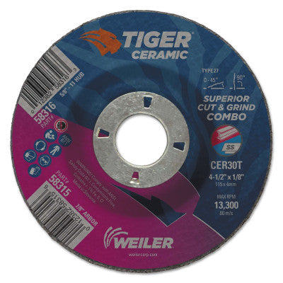 Tiger Ceramic Combo Wheels, 4.5 in Dia, 1/8 in Thick, 7/8 in Arbor, 24/bx