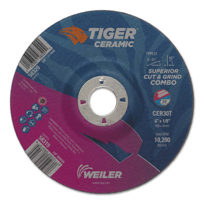 Tiger Ceramic Combo Wheels, 6 in Dia., 1/8 in Thick, 7/8 in Arbor, 30 Grit