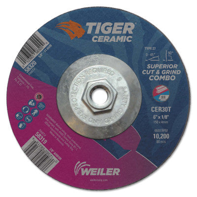 Tiger Ceramic Combo Wheels, 6 in Dia., 1/8 in Thick, 30 Grit, Ceramic Alumina