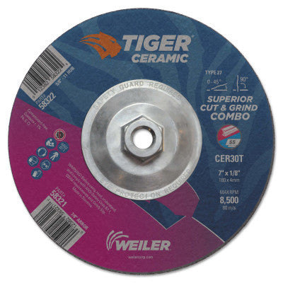 Tiger Ceramic Combo Wheels, 7 in Dia., 1/8 in Thick, 30 Grit, Ceramic Alumina