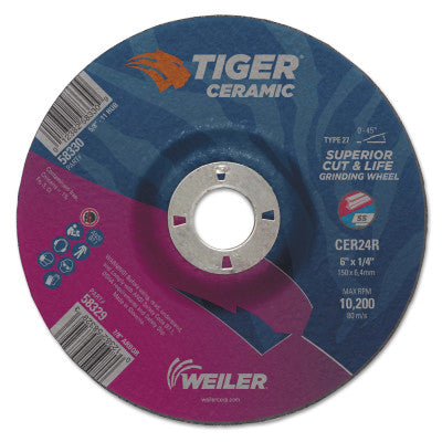 Tiger Ceramic Grinding Wheels, 6 in Dia., 1/4 in Thick, 7/8 in Arbor, 24 Grit