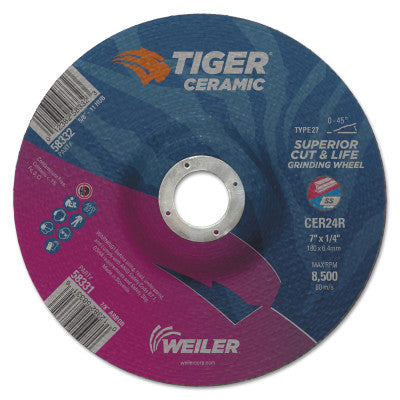 Tiger Ceramic Grinding Wheels, 7 in Dia, 1/4 in Thick, 7/8 in Arbor, 10/bx