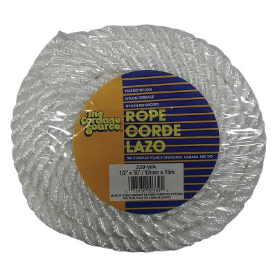 Twisted Nylon Ropes, 1/2 in x 50 ft, Nylon, White