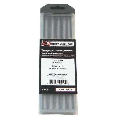 2% Ceria Ground Tungsten Electrodes, 3/16 in Dia, 7 in Long