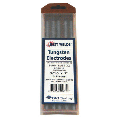 Tungsten Electrodes, 3/16 in Dia, 7 in Long, Zirconiated Ground