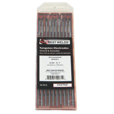 Zirconiated Ground Tungsten Electrodes, 3/32 in Dia, Zirconiated Ground, 7" Long